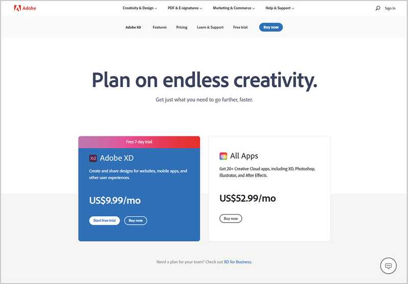 Adobe XD Single App and All Apps plan